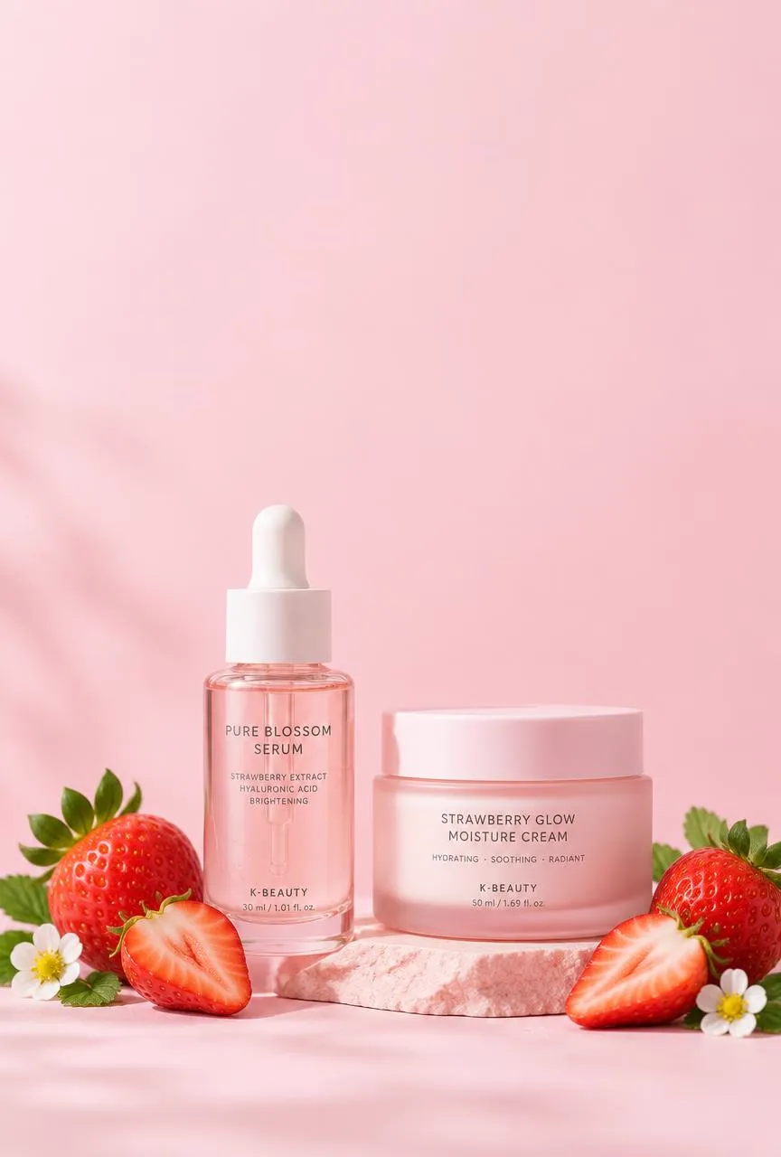 Sérum, tónico y mascarillas coreanas con frutillas sobre fondo rosado